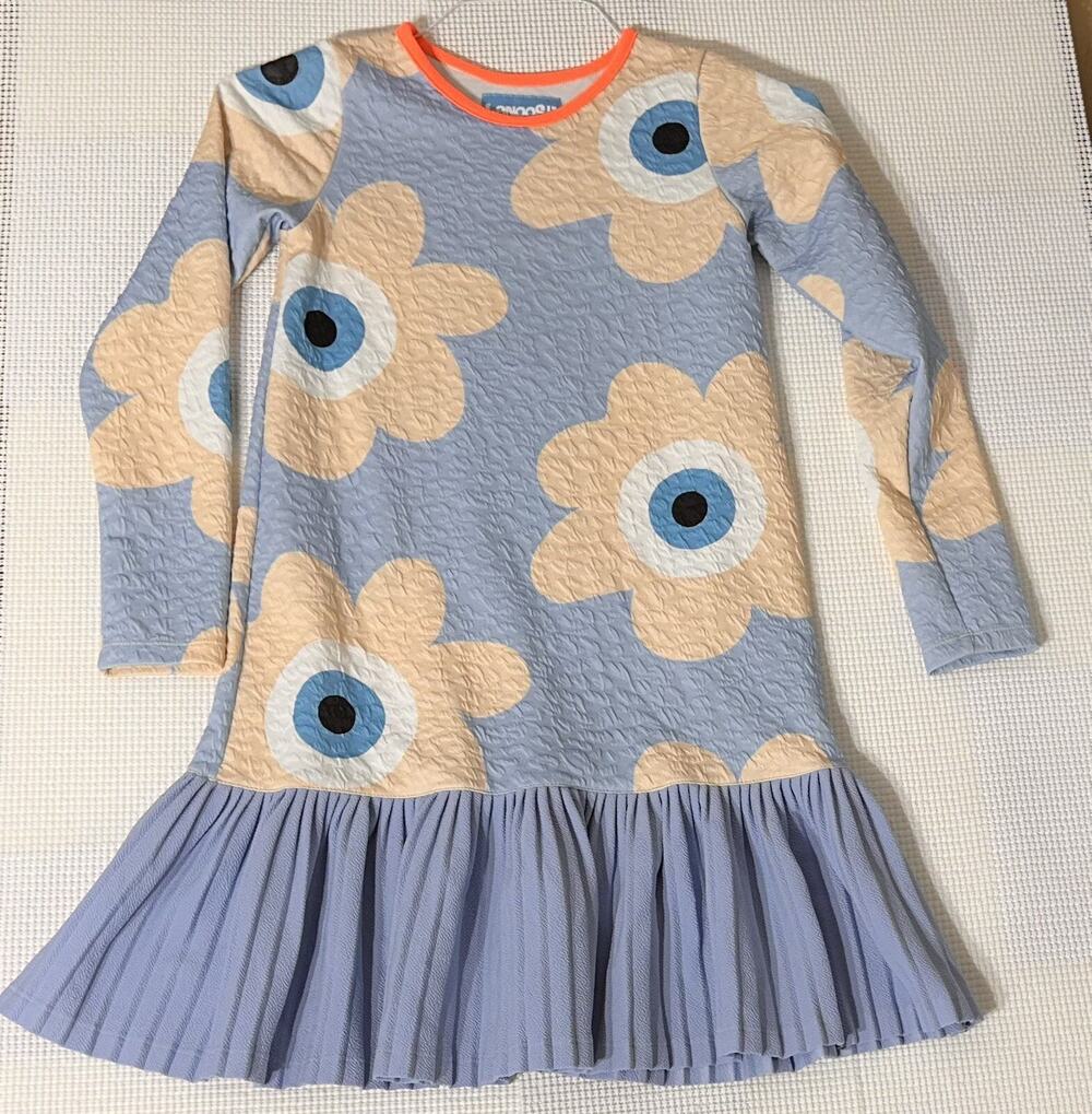 Lanoosh Long Sleeve Tunic Dress Flowers Frilled Bottom Blue Beige Size 11-12Y XL